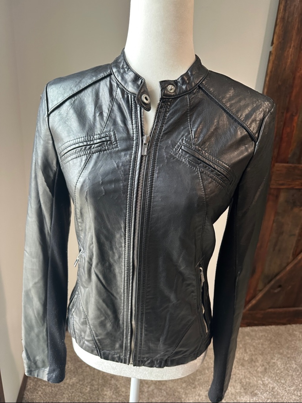 Express Black Leather Moto Jacket with Snap Collar SMALL - Picture 6 of 12